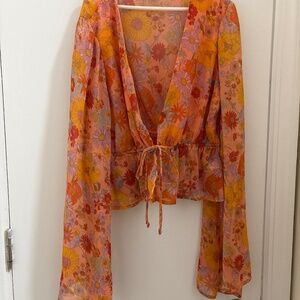 Vintage-Style Floral Sheer Wrap Blouse — Boho Chic, Tie Waist, Bell Sleeves